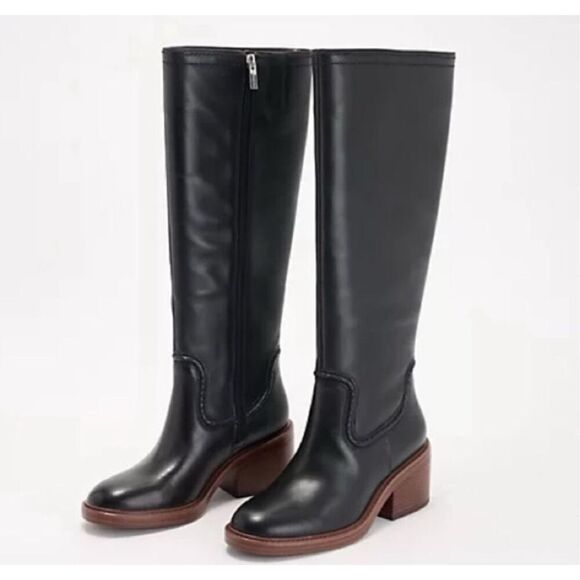 Vince Camuto Black Knee High Tall Leather Vullian 2 Western Style Boots Size 6 - Picture 1 of 11